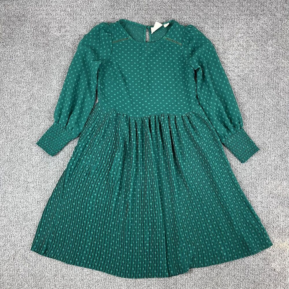 Maeve Anthropologie Dress Womens 0 Green Swiss Dot Pleated Sheer Midi Boho